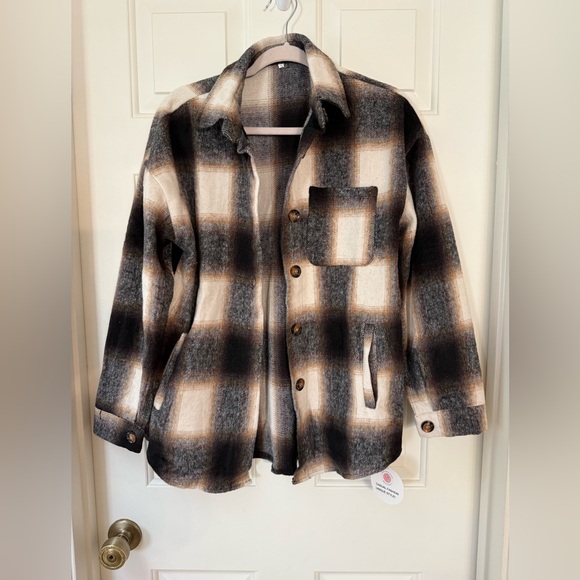 NWT BLACK/WHITE/BROWN MULTI COLOR FLANNEL SHACKET JACKET-S - Picture 10 of 17